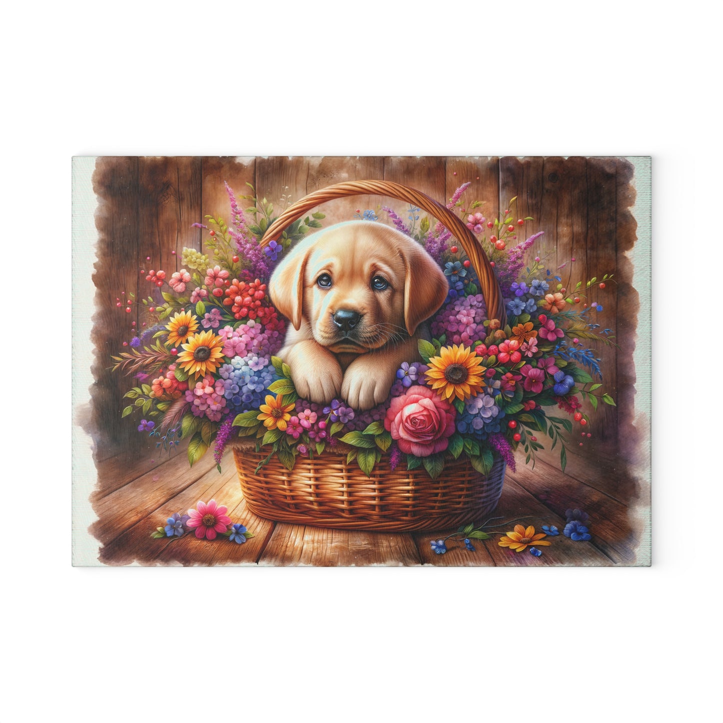🐾 Yellow Labrador Puppy Floral Basket Cutting Board – Sweet Charm for Your Kitchen 🌸