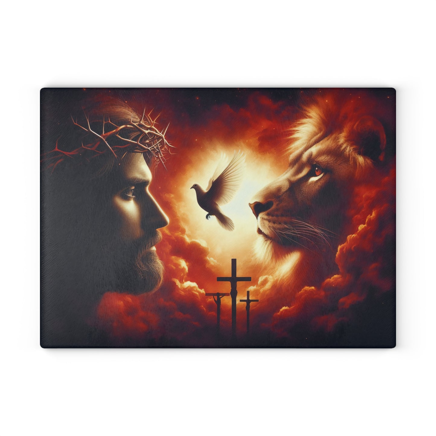 Sacred Light Glass Cutting Board – Faith-Inspired Lion, Dove & Cross Artwork Kitchen Display