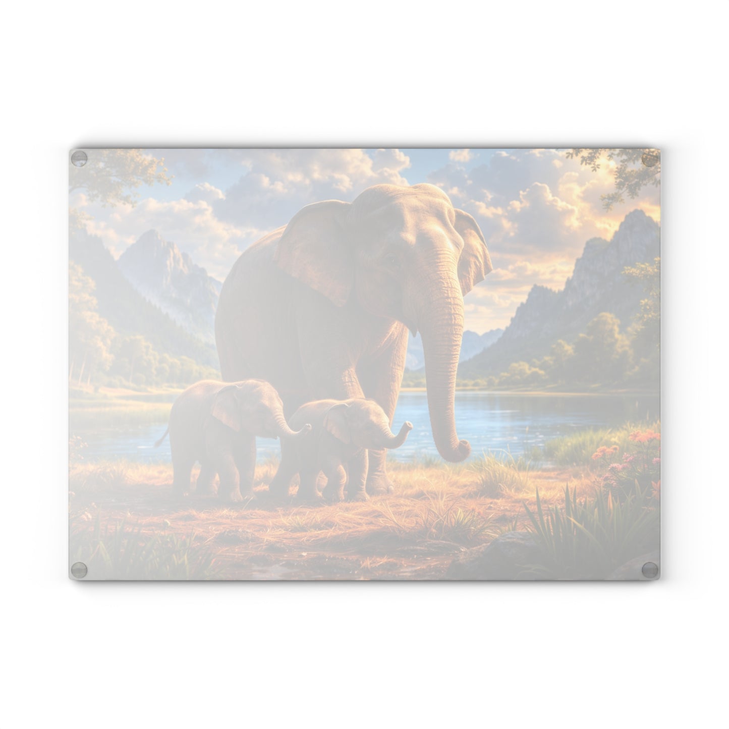 Mother Elephant with Calves Glass Cutting Board – Peaceful Wildlife Family Kitchen Art
