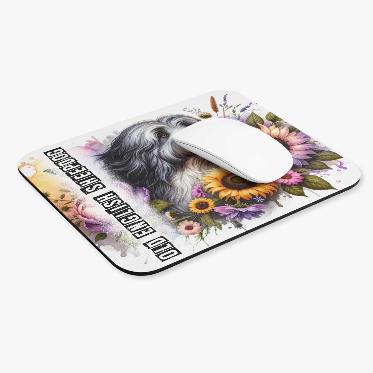 🖱️🐑🌻 Old English Sheepdog Mouse Pad – Fluffy OES with Sunflowers & Garden Florals