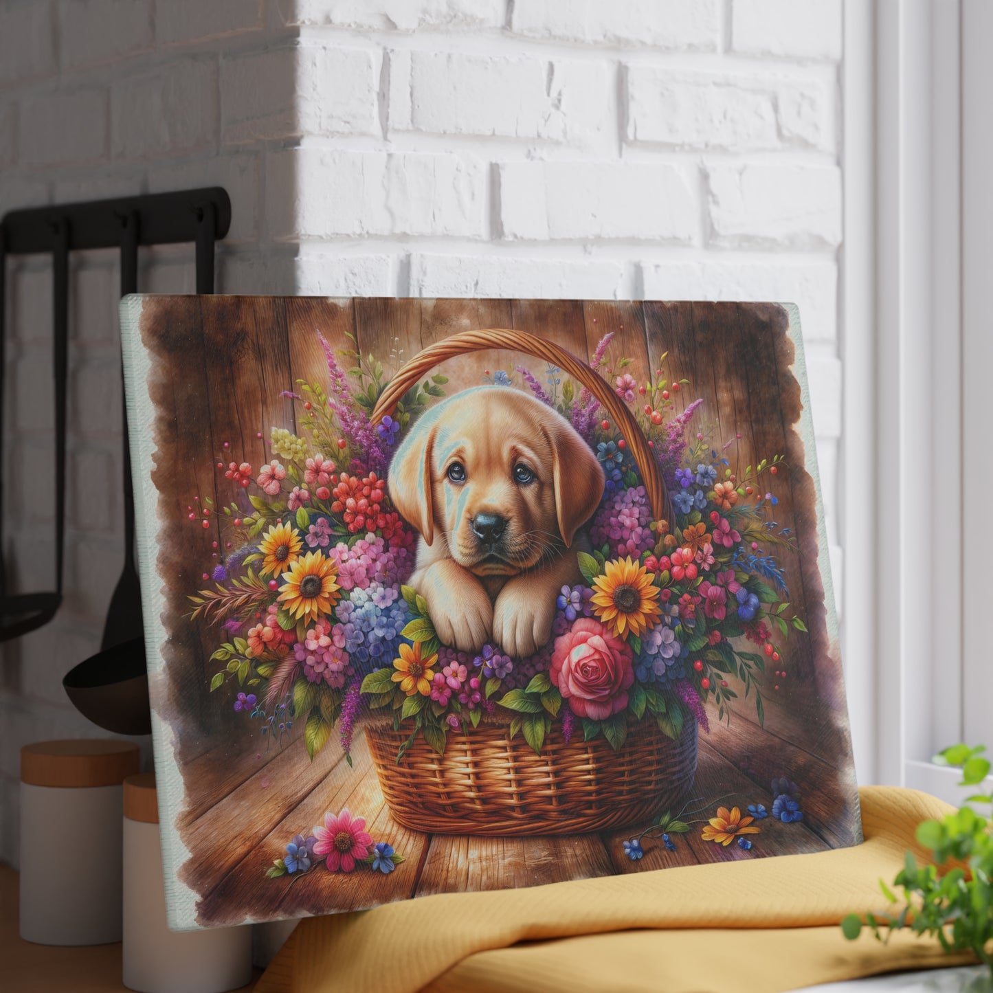 🐾 Yellow Labrador Puppy Floral Basket Cutting Board – Sweet Charm for Your Kitchen 🌸