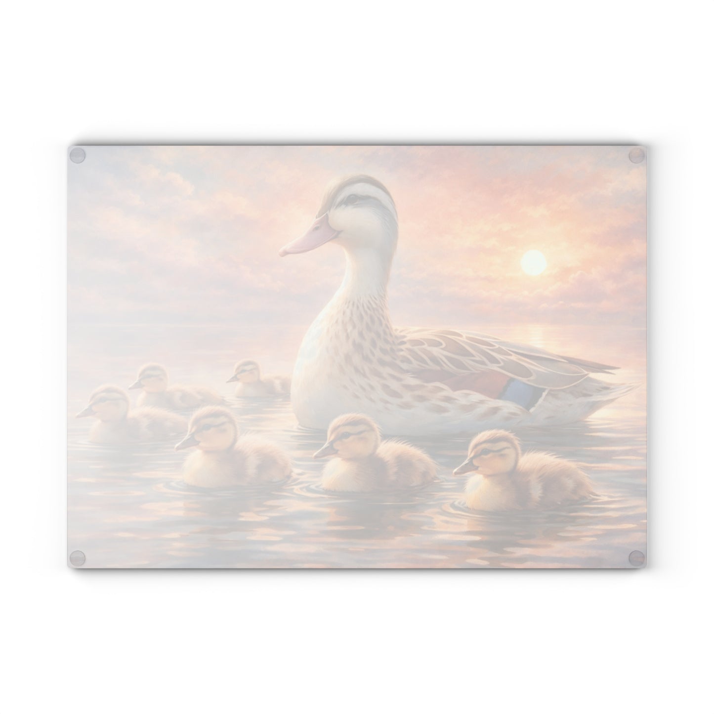 Duck Family Sunset Lake Glass Cutting Board – Peaceful Wildlife Nature Kitchen Art