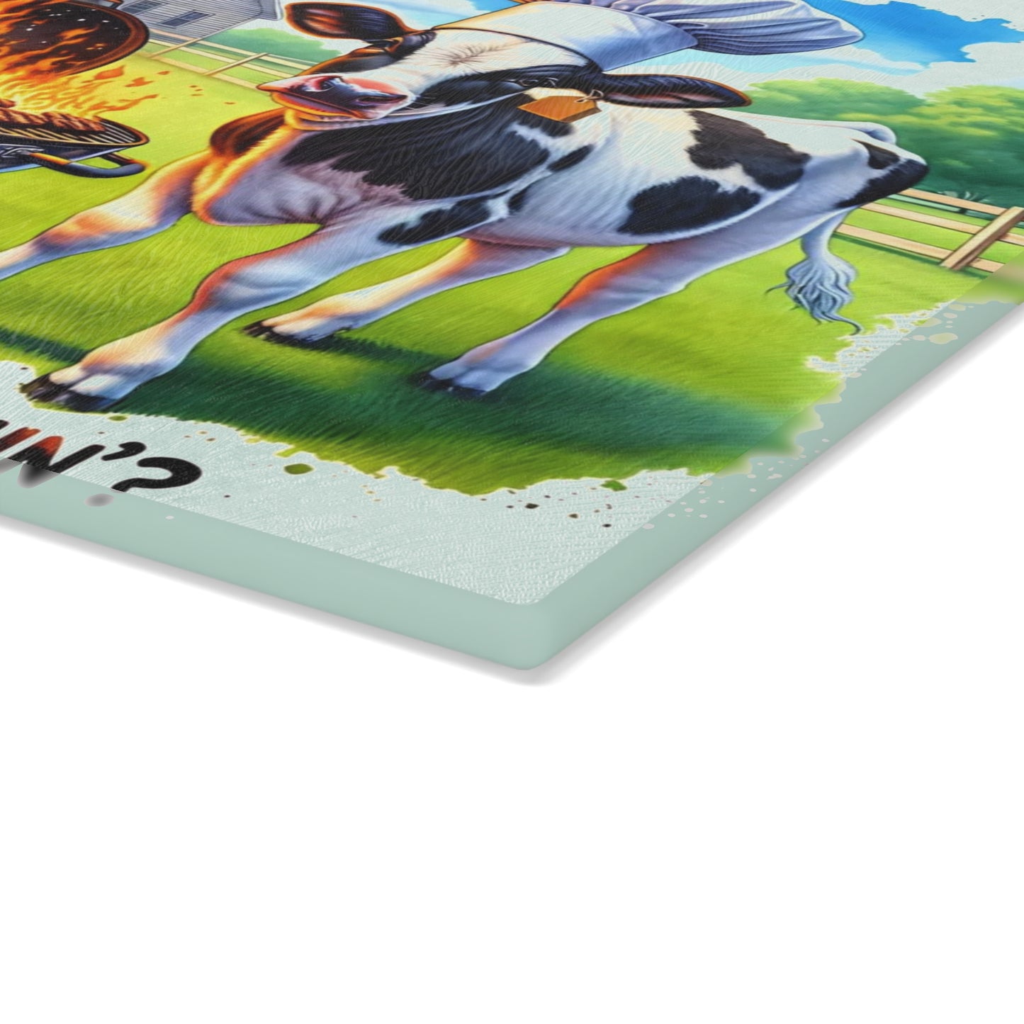 🐮🔥 “Whatcha Burnin’?” Glass Cutting Board – Cozy Charm for Your Kitchen