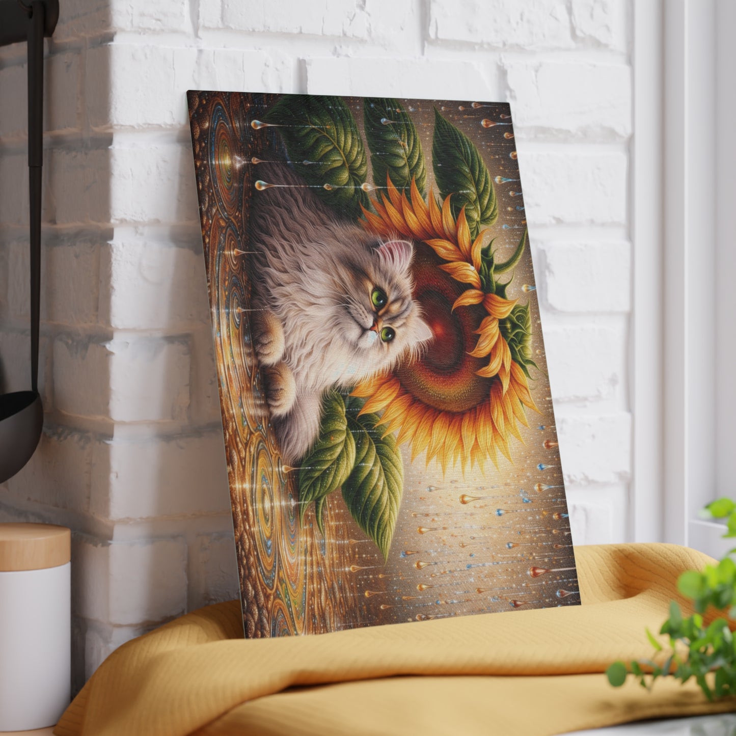 Sunflower Rain Cat Glass Cutting Board – Whimsical Floral Cat Kitchen Art & Display Board
