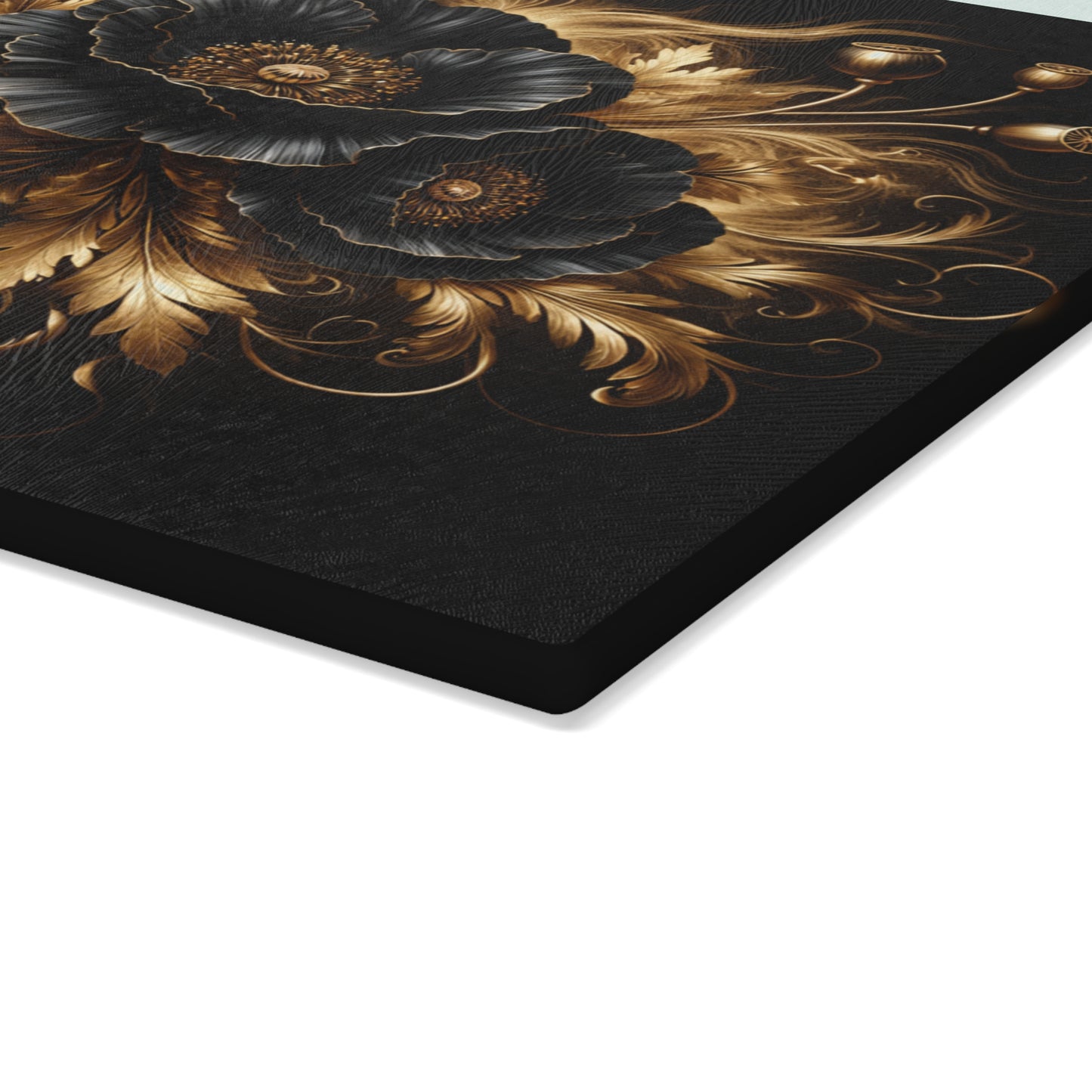 Black & Gold Floral Glass Cutting Board – Elegant Personalized Kitchen Cutting Board