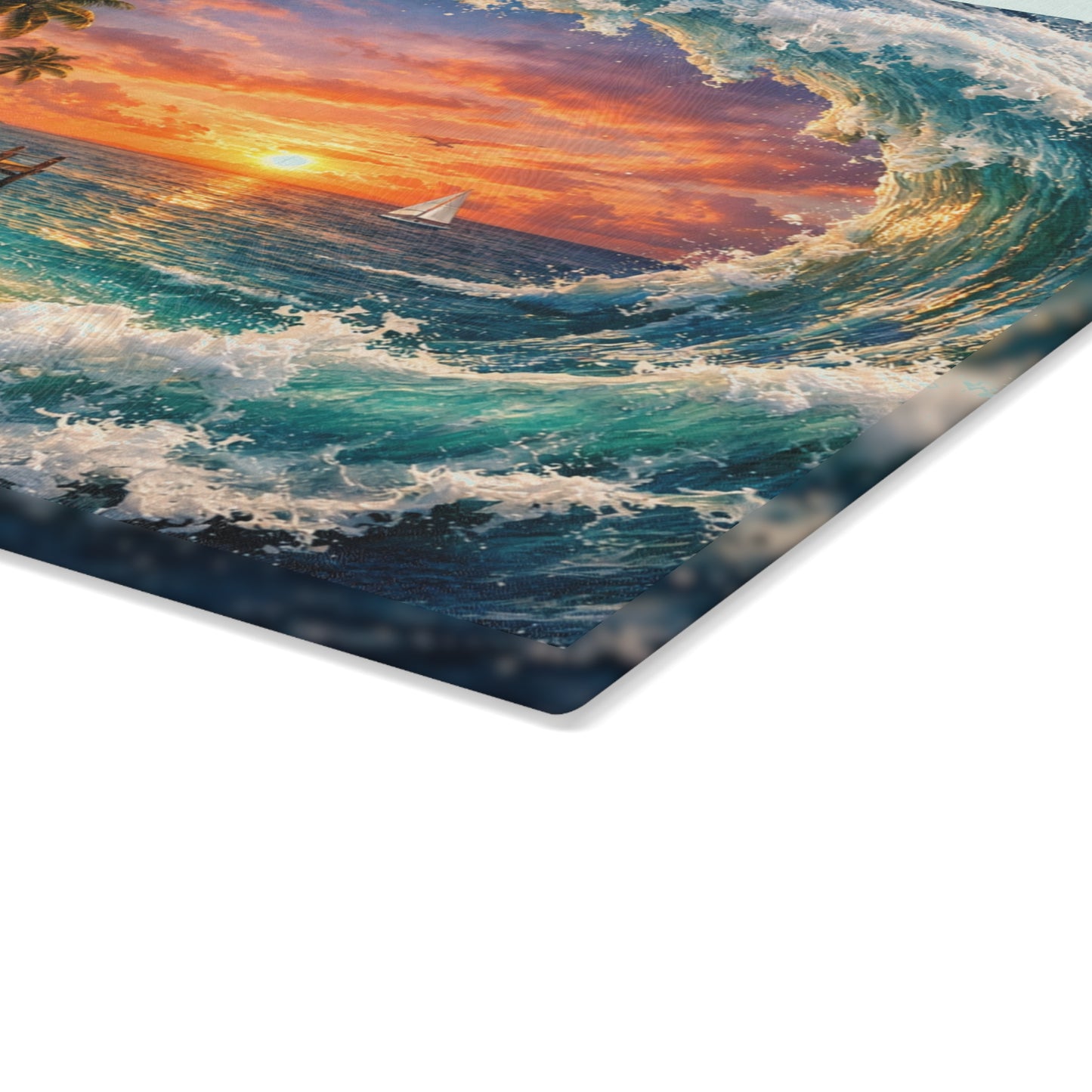 Coastal Escape Glass Cutting Board – Tropical Wave Sunset Kitchen Art & Display Board