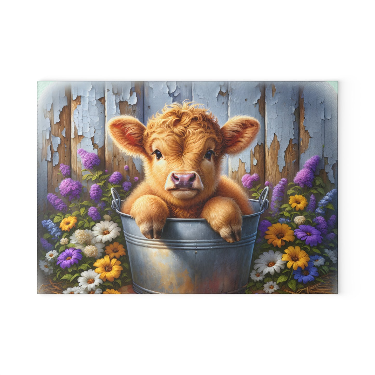 🐮🌸 Baby Highland Cow in Pail Glass Cutting Board – Country Charm with Flowers & Rustic Fence 🌼🪵