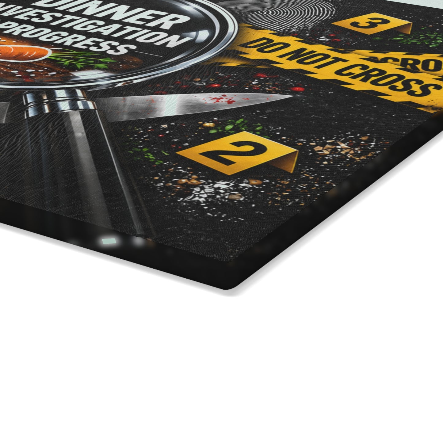 Dinner Investigation in Progress Glass Cutting Board – Funny Crime Scene Kitchen Decor