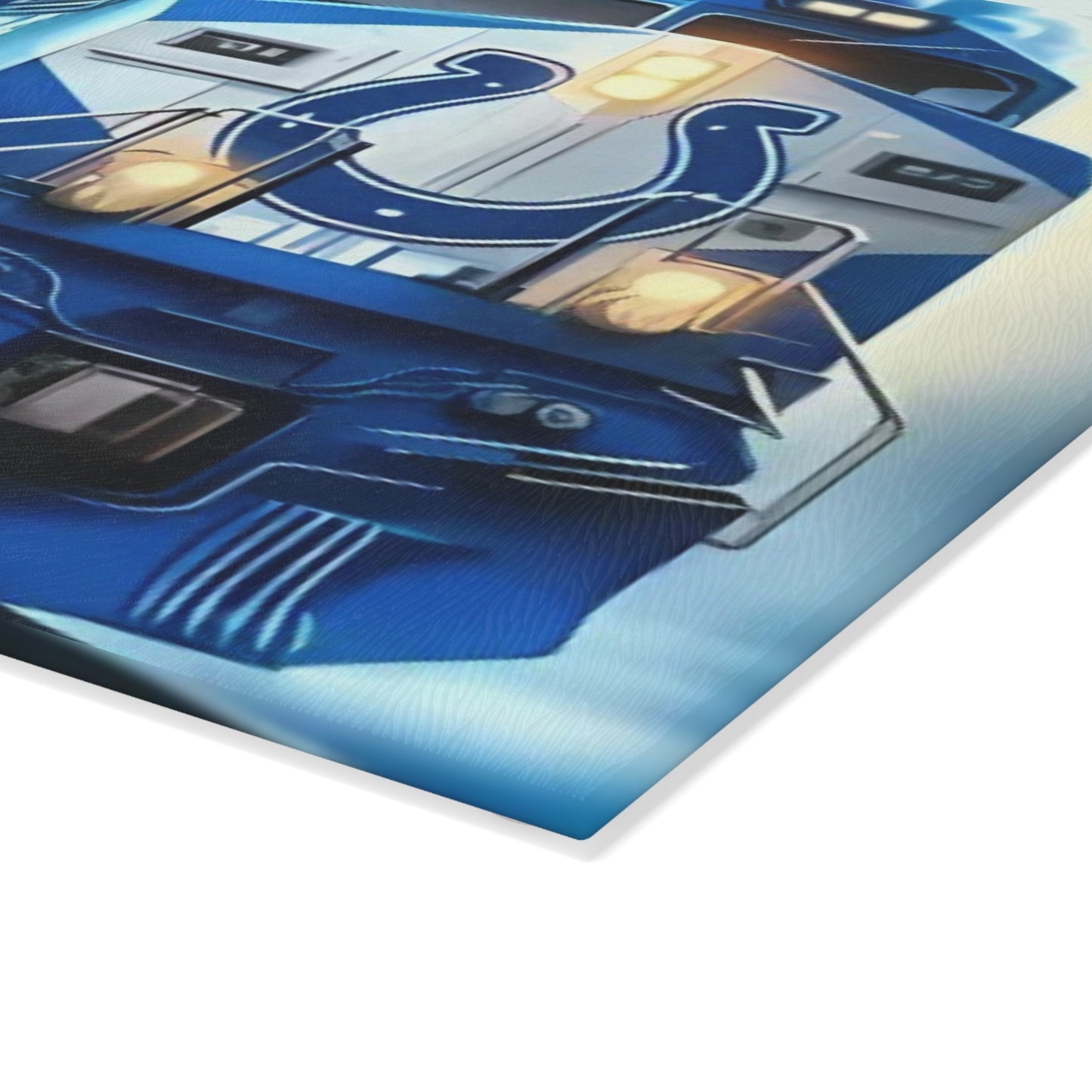 Royal Blue & White Express Glass Cutting Board – Sleek Train Art for Clean, Modern Kitchens