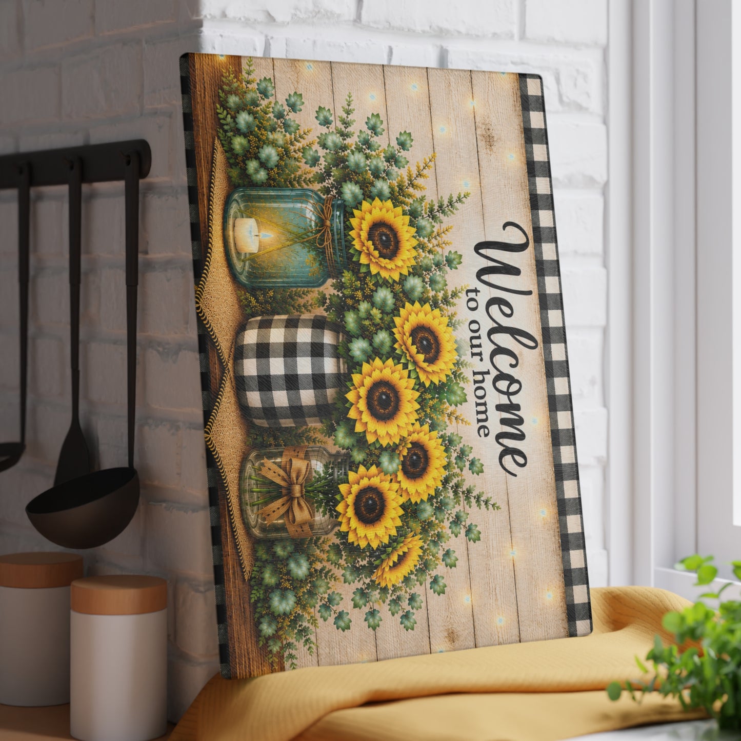 Sunflower Welcome Glass Cutting Board – Farmhouse Buffalo Plaid Kitchen Decor