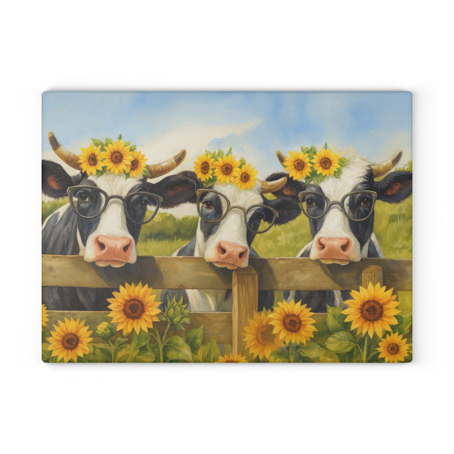 🐮🌻 “Sunflower Cow Trio” Glass Cutting Board – Bright Farmhouse Smiles