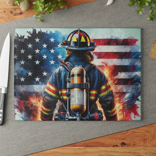 Firefighter American Flag Cutting Board – Courage and Service in Patriotic Style