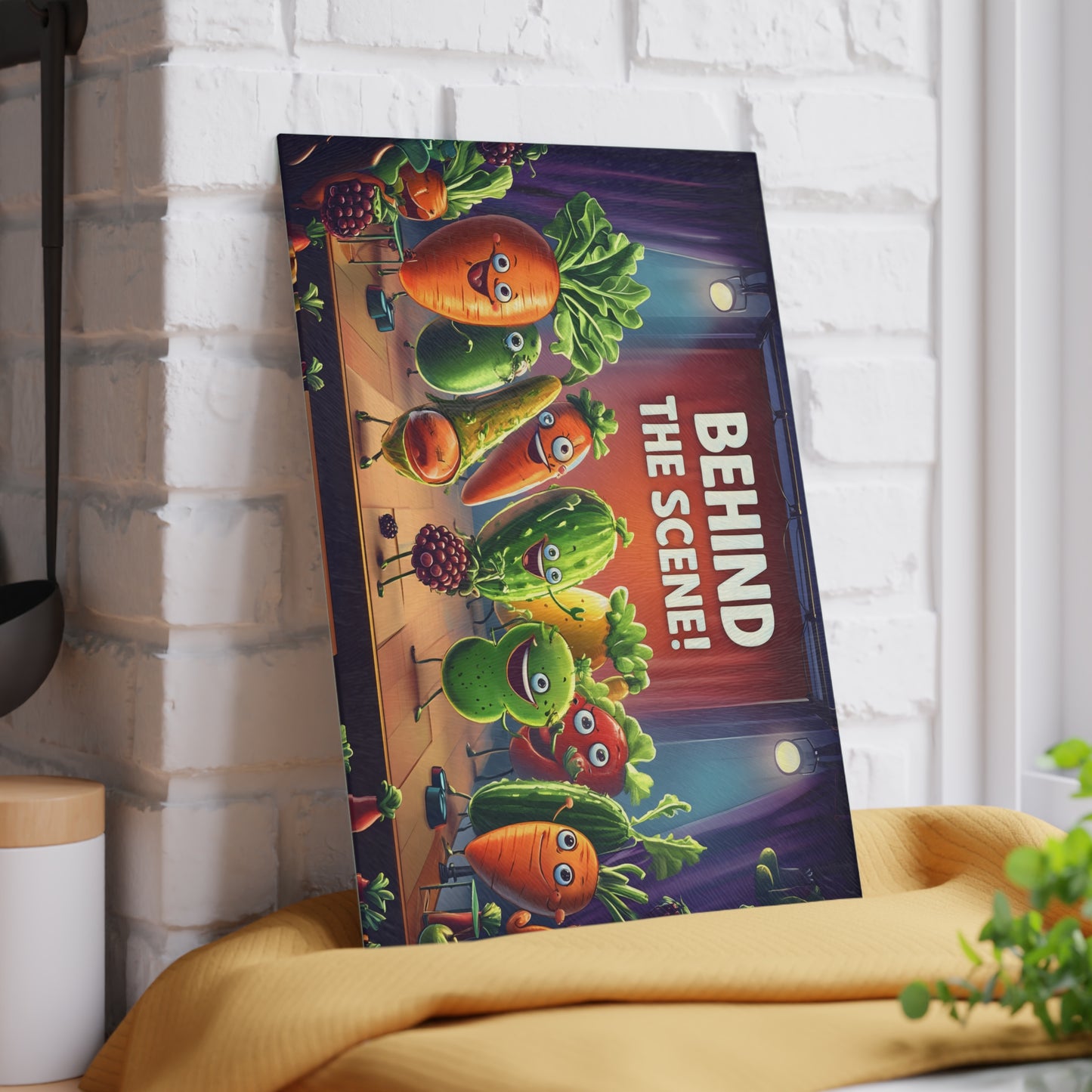 Tabla de cortar de vidrio "¡Detrás de escena!" - Decoración de cocina cómica con verduras danzantes 🌟🍅