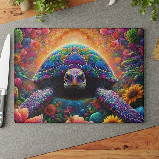 Tabla de cortar de tortuga con flores de neón: colores vibrantes, magia costera y flores artísticas