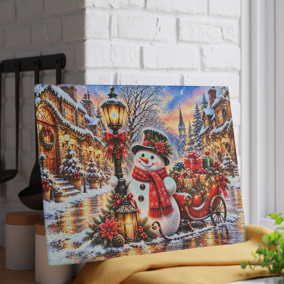 Christmas Snowman Tempered Glass Cutting Board – Vintage Christmas Village with Red Sleigh, Gifts and Lanterns – 11 × 15 Inches