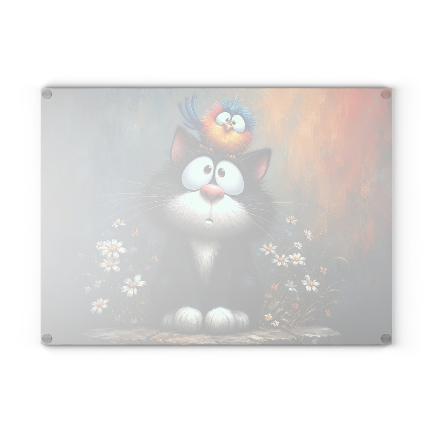 Funny Cat & Bird Glass Cutting Board – Whimsical Cartoon Cat Kitchen Decor, Cute Animal Lover Gift
