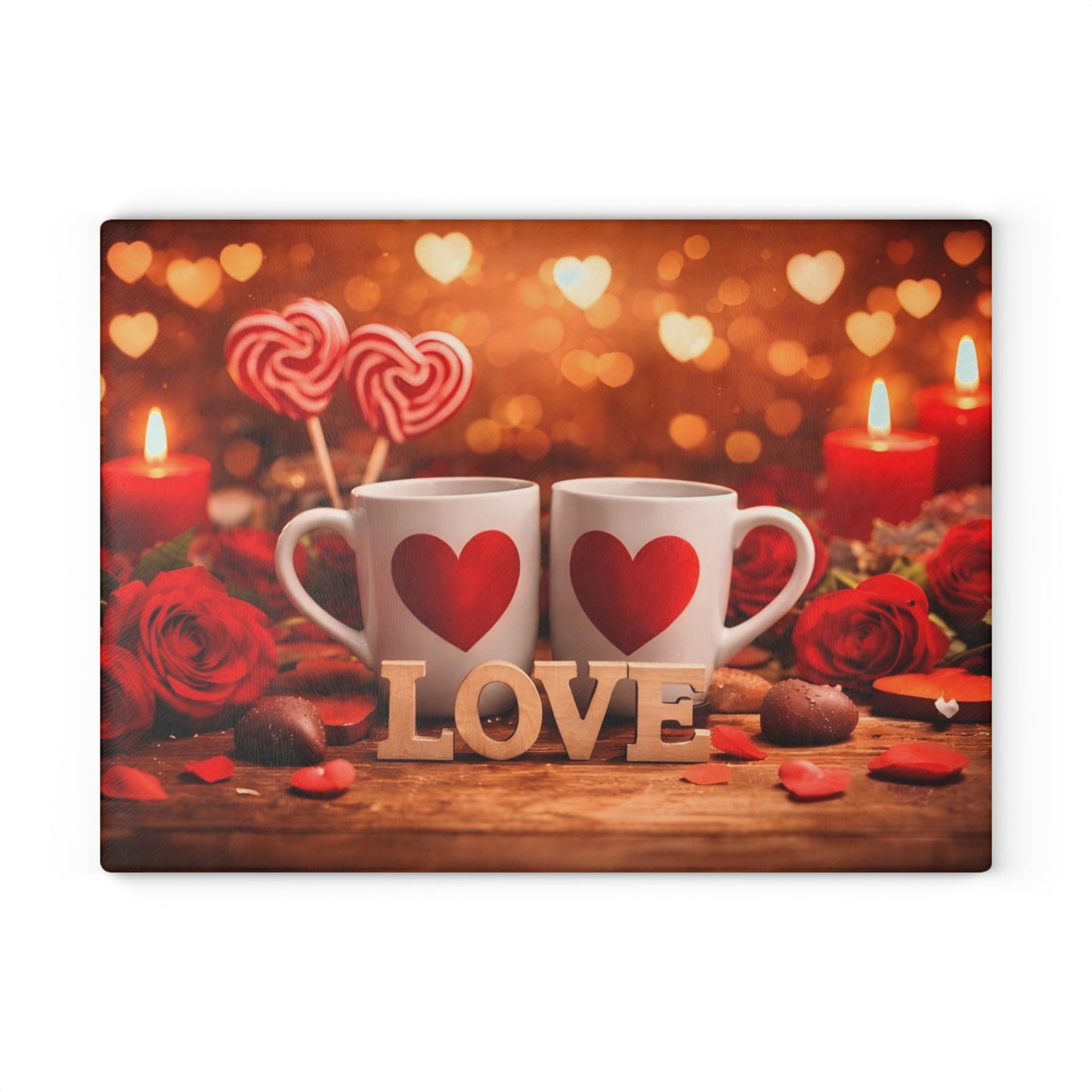 Valentine’s Love Mugs Glass Cutting Board – Romantic Heart Candle Kitchen Accent