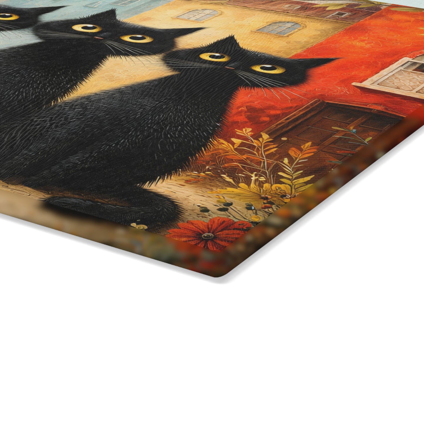 Whimsical Black Cat Glass Cutting Board – Storybook Village Cat Art Kitchen Decor