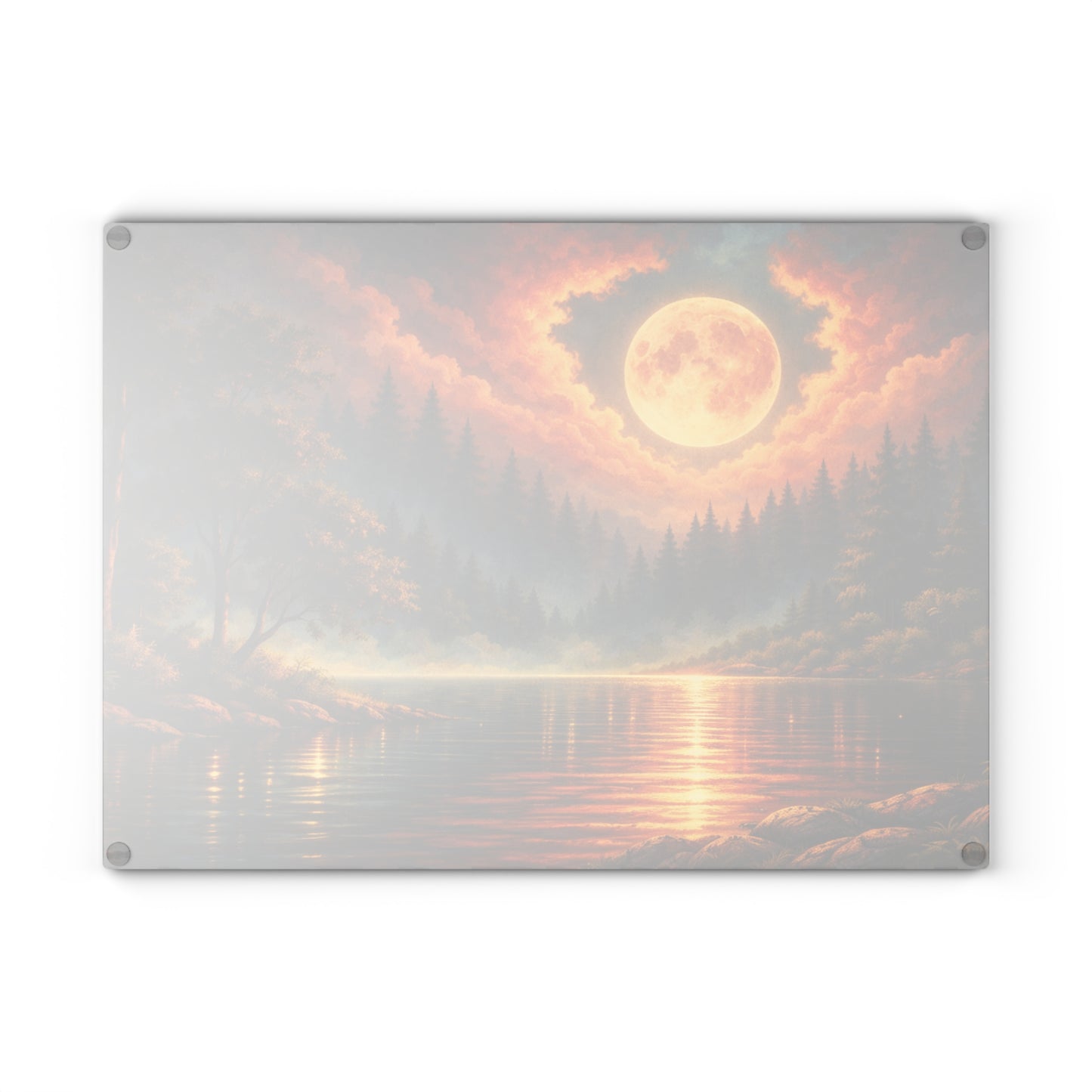 Moonlit Forest Lake Glass Cutting Board – Dramatic Night Landscape Kitchen Art
