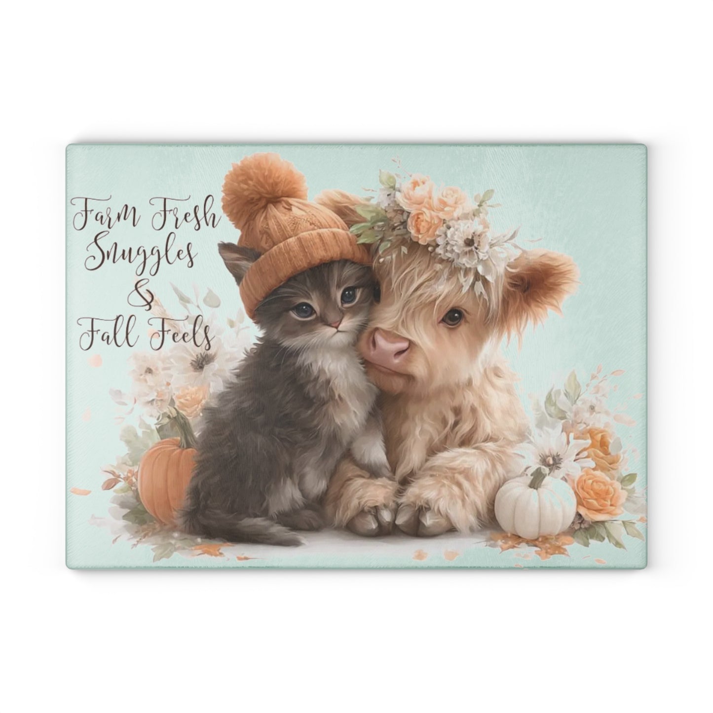 🍂🐱🐮 “Farm Fresh Snuggles & Fall Feels” Glass Cutting Board – Cozy Autumn Charm for Your Kitchen
