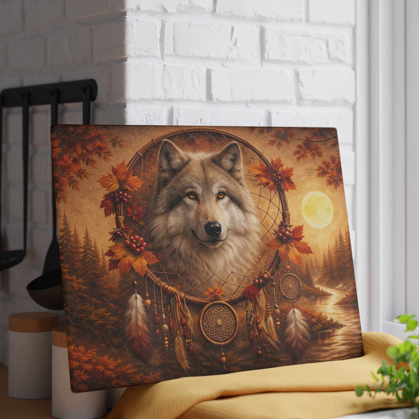 Autumn Wolf Dreamcatcher Glass Cutting Board – Rustic Woodland Wildlife Kitchen Art