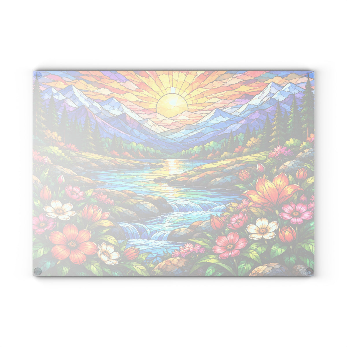 Stained-Glass-Inspired Mountain Sunset Cutting Board – Colorful Wildflowers, Alpine Lake & Waterfall Kitchen Décor