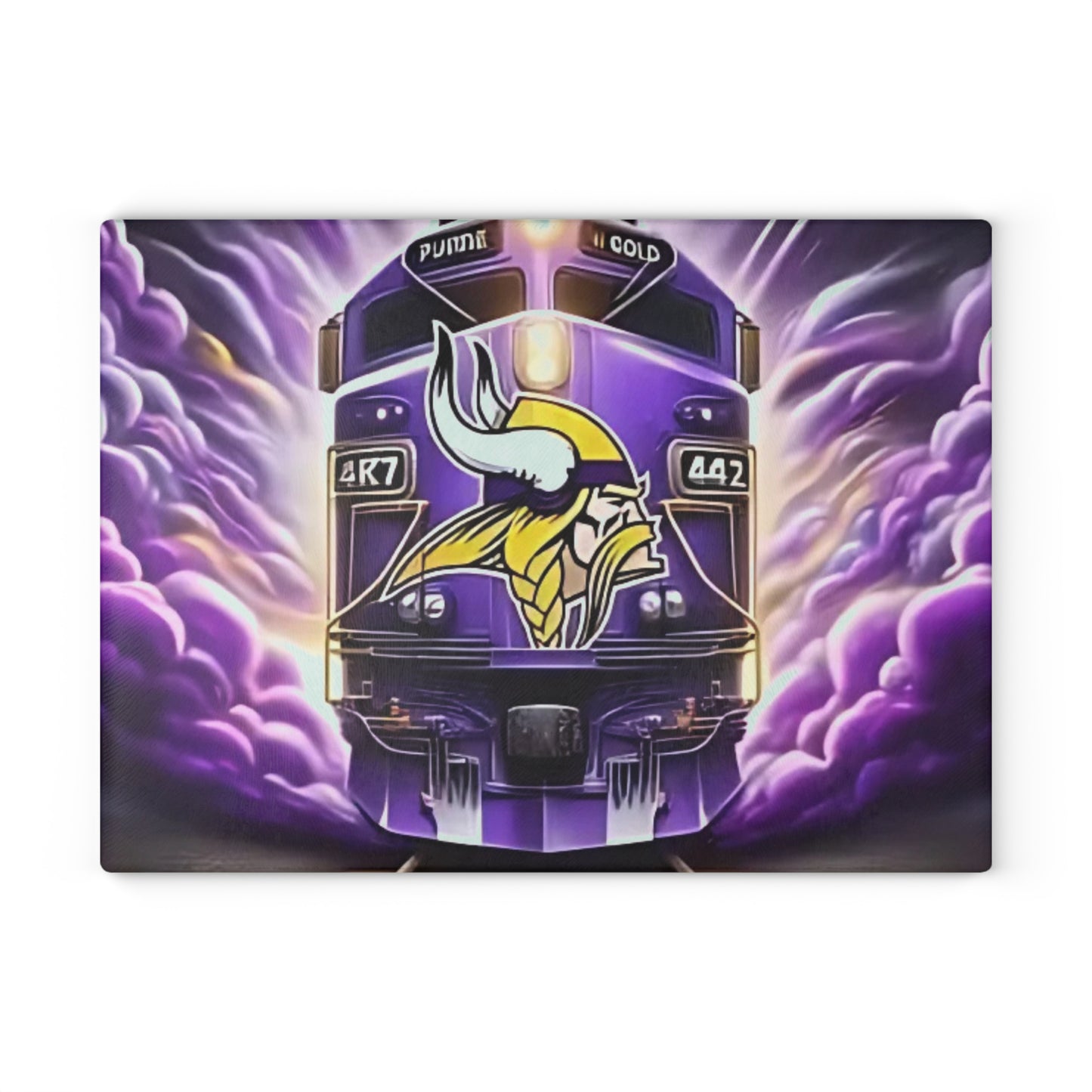 Purple & Gold Express Glass Cutting Board – Regal Train Design for Elegant Kitchens