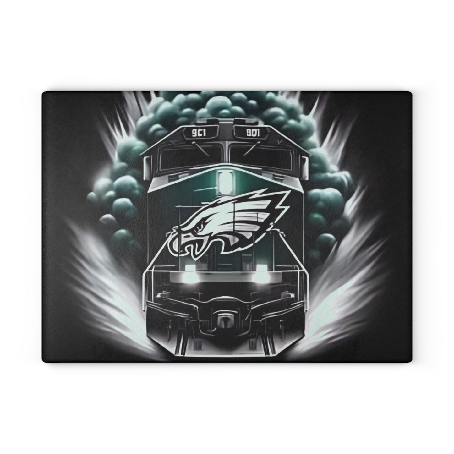 Dark Green & Silver Express Glass Cutting Board – Gritty Train Art for Bold & Timeless Kitchens