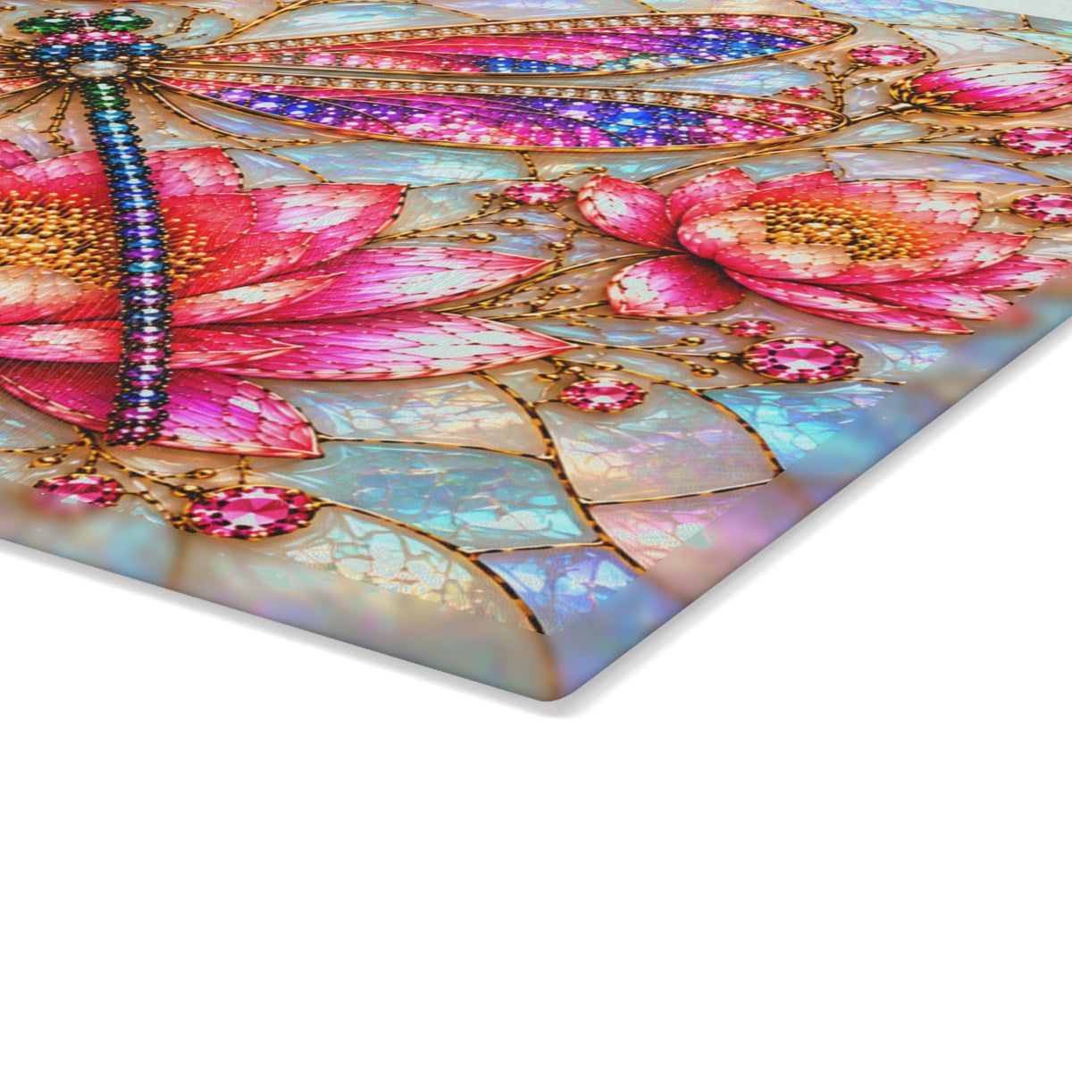 Stained-Glass-Inspired Pink Lotus & Dragonfly Cutting Board – Sparkling Rainbow Wings, Jeweled Blossoms & Iridescent Mosaic Kitchen Décor