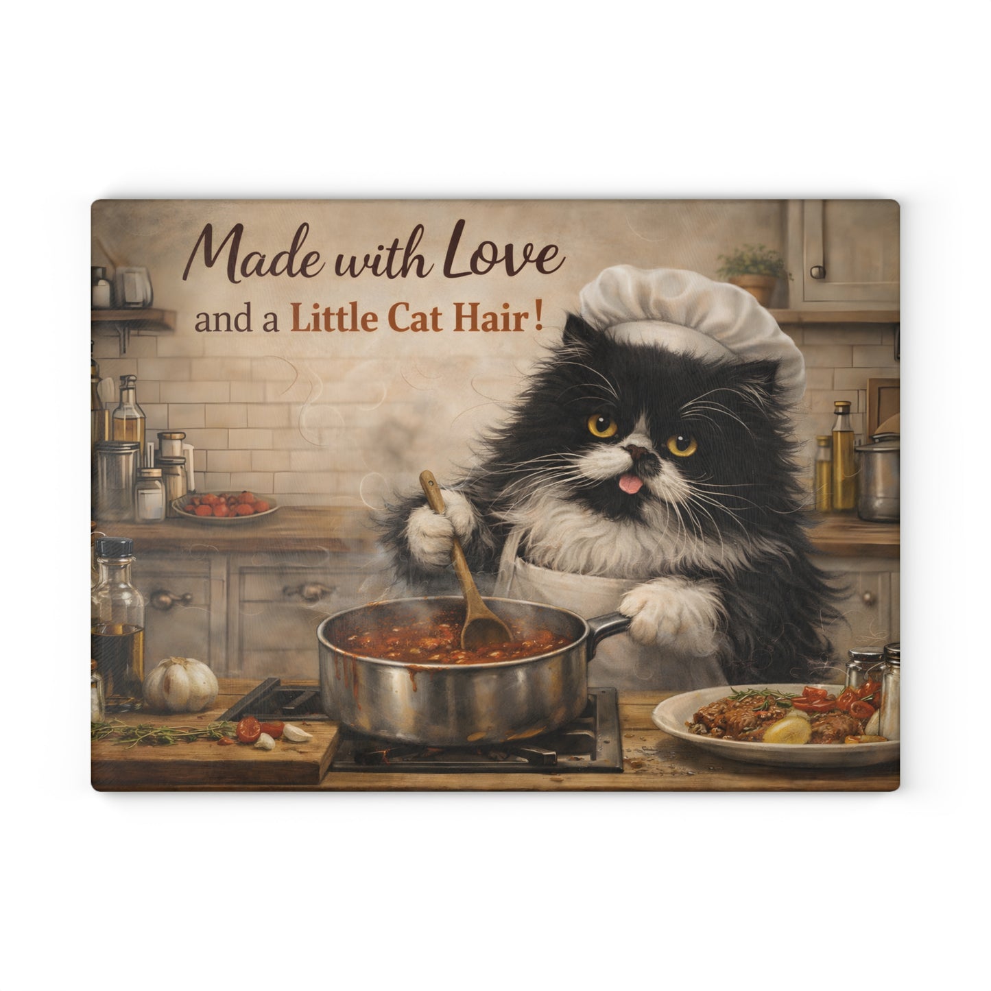 Made with Love and a Little Cat Hair Glass Cutting Board – Funny Cat Kitchen Art
