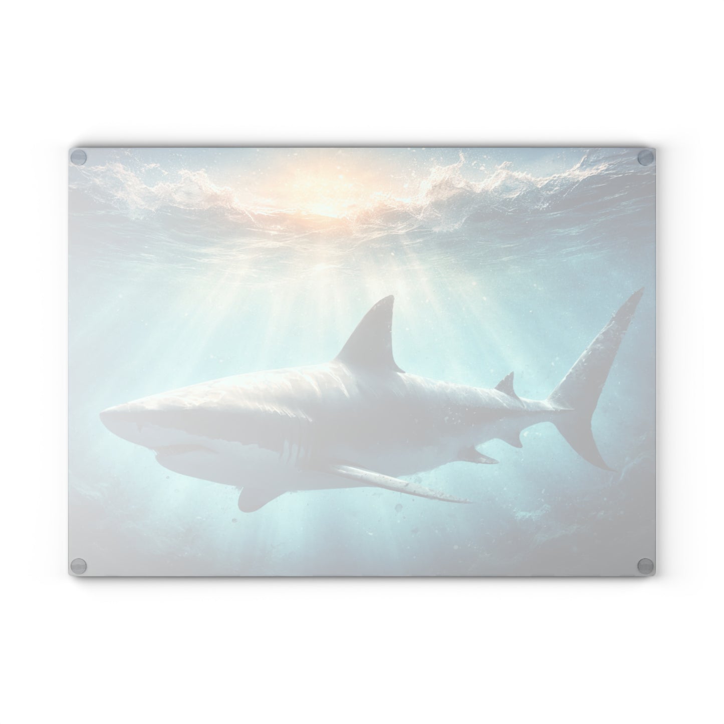 Ocean Guardian Glass Cutting Board – Majestic Shark in Sunlit Blue Waters