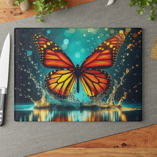 Tabla de cortar de vidrio con diseño de mariposa monarca: vibrante escena acuática, decoración de cocina inspirada en la naturaleza