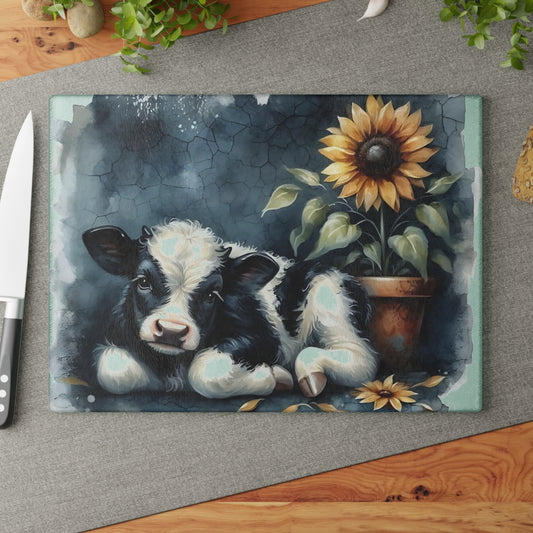 🐄 Sunflower & Baby Cow Cutting Board – Rustic Farmhouse Kitchen Decor