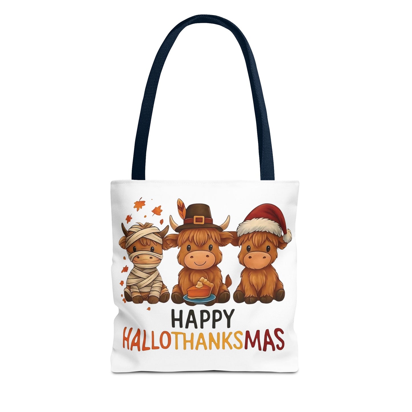 🐮 Happy Hallothanksmas Highland Cow Tote Bag – Holiday Fun All Season 🎃🦃🎄👜