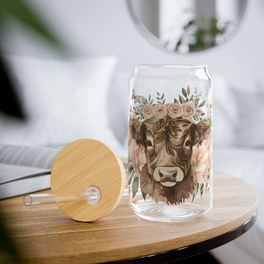 🐮🌸 Floral Highland Cow Sipper Glass – Rustic 16oz Charm with Country Elegance 🍹
