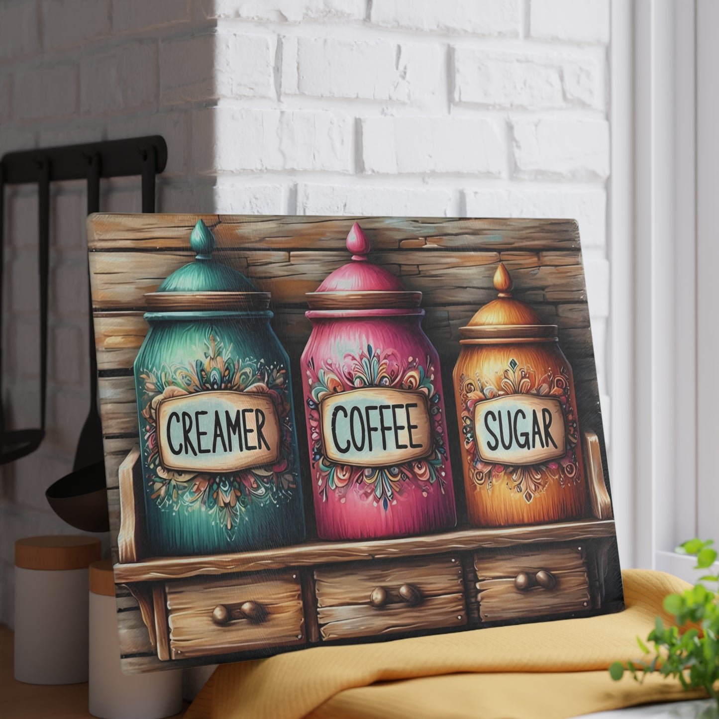 Farmhouse Canister Glass Cutting Board – Coffee, Sugar & Creamer Display