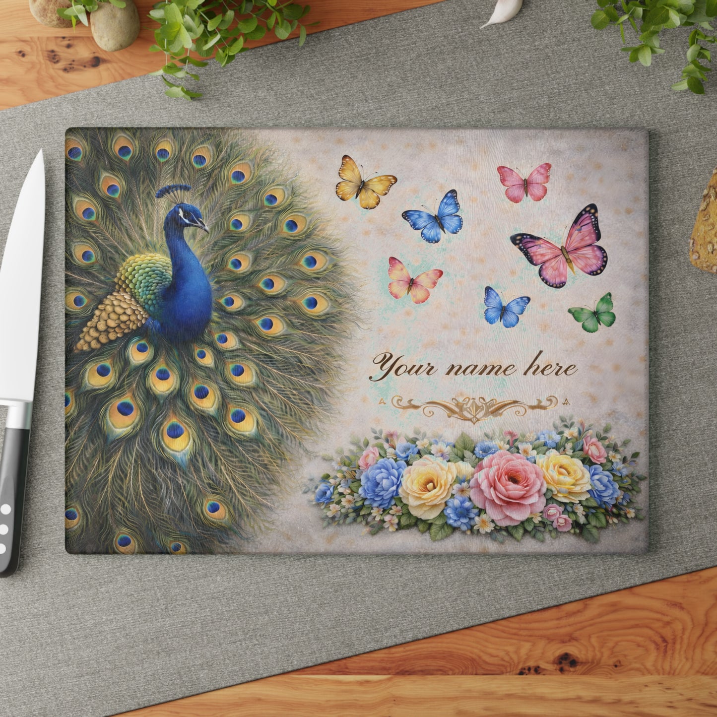 Personalized Peacock Glass Cutting Board – Elegant Butterfly & Floral Kitchen Display