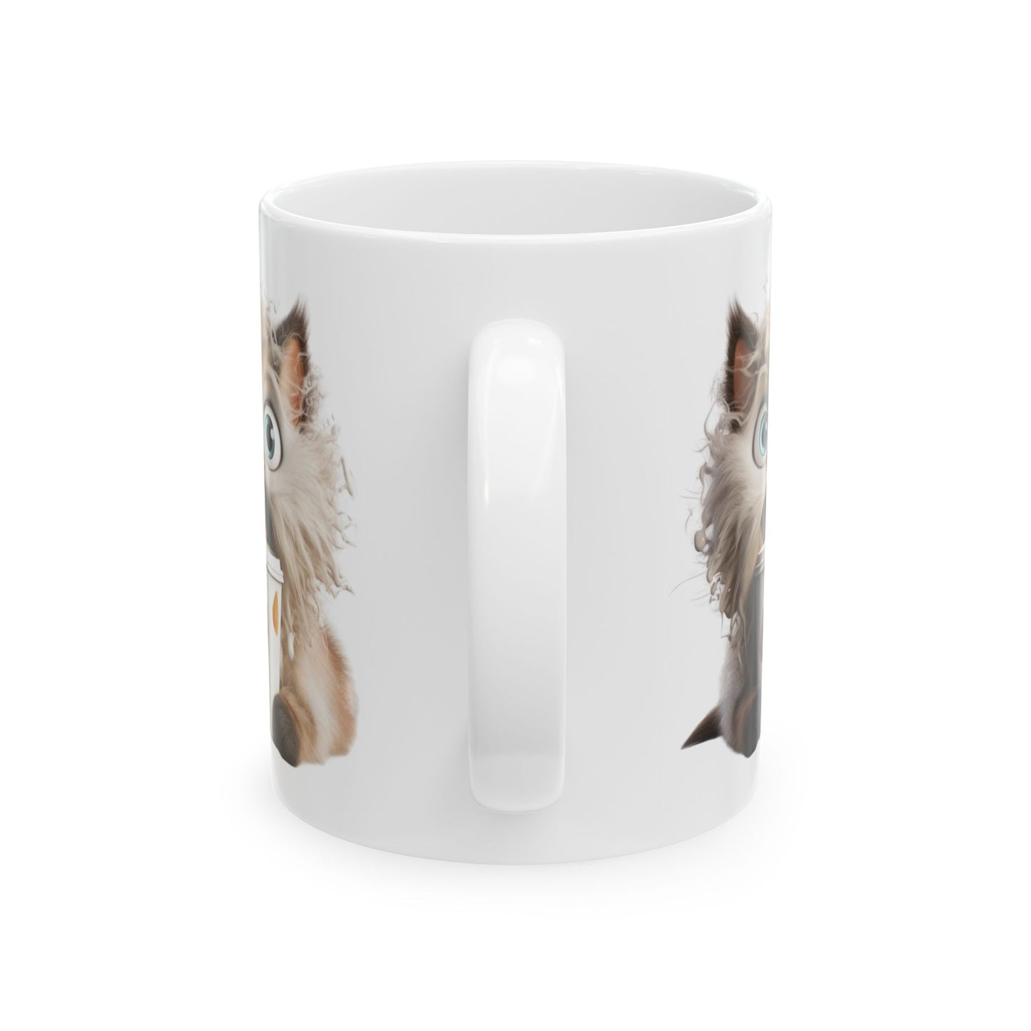 Fluffy Cat Coffee Mug – Funny Surprised Cat Holding a Coffee Cup – Personalized