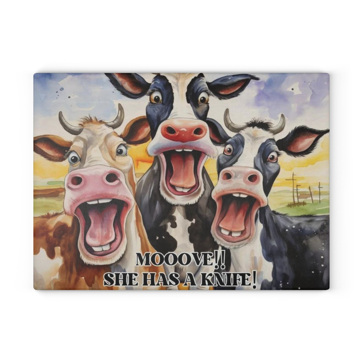 MOOOVE!! SHE HAS A KNIFE! – Funny Cow Tempered Glass Cutting Board