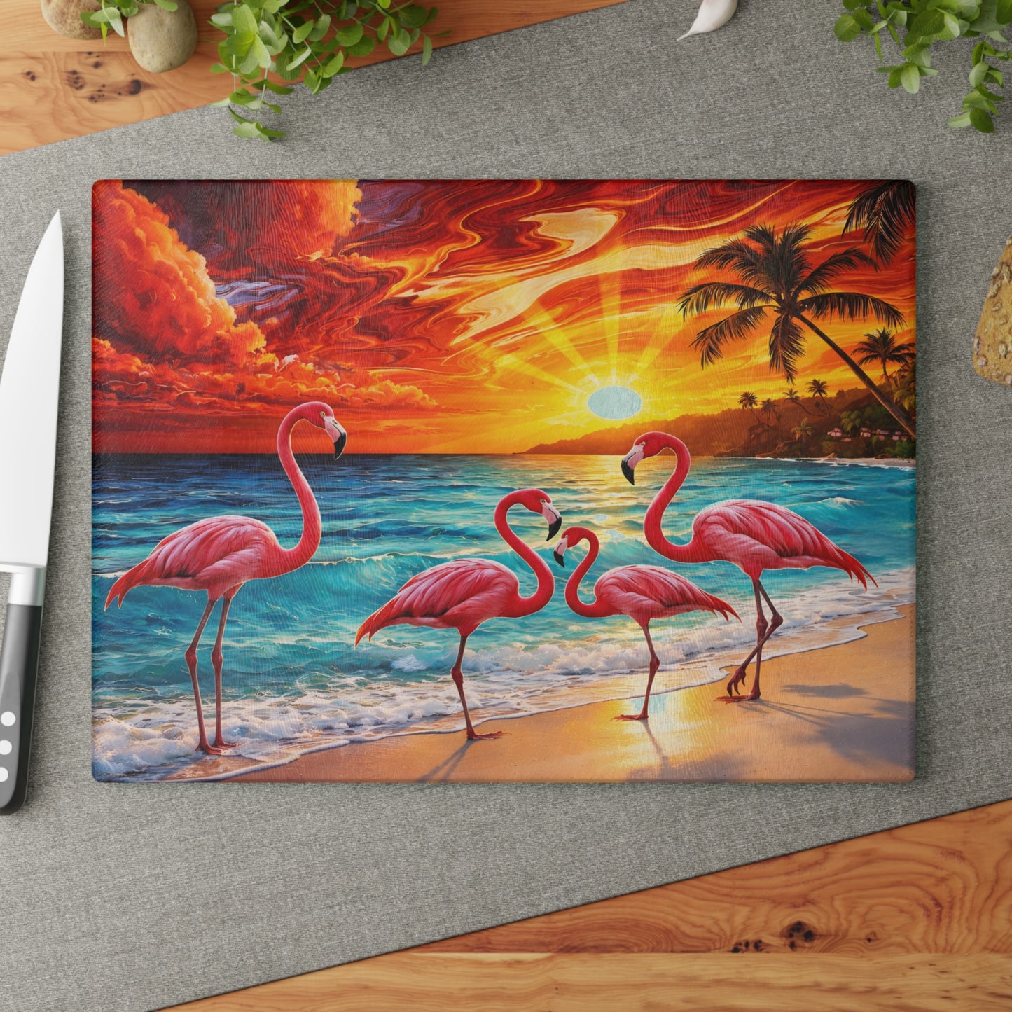Vibrant Flamingo Sunset Glass Cutting Board – Tropical Coastal Kitchen Decor