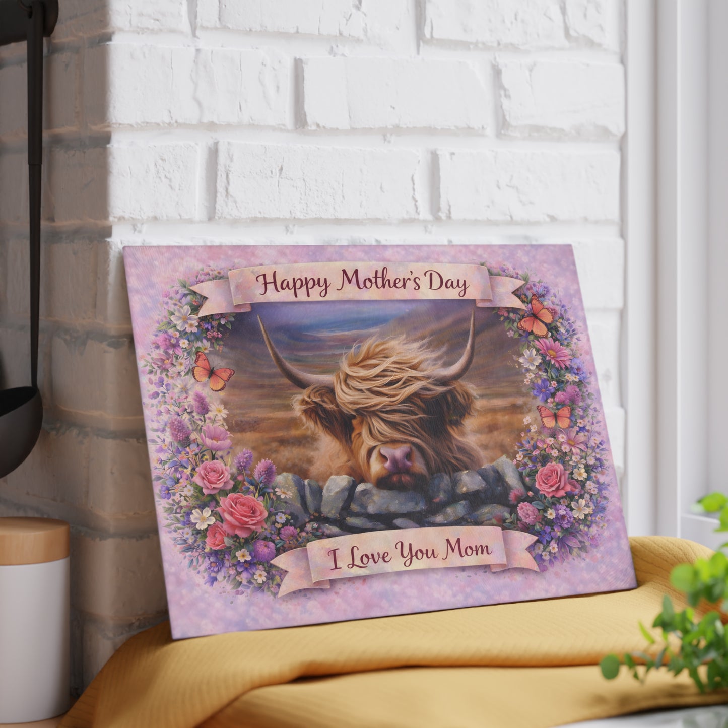 Mother’s Day Highland Cow Floral Glass Cutting Board – Soft Country Artwork with Butterflies