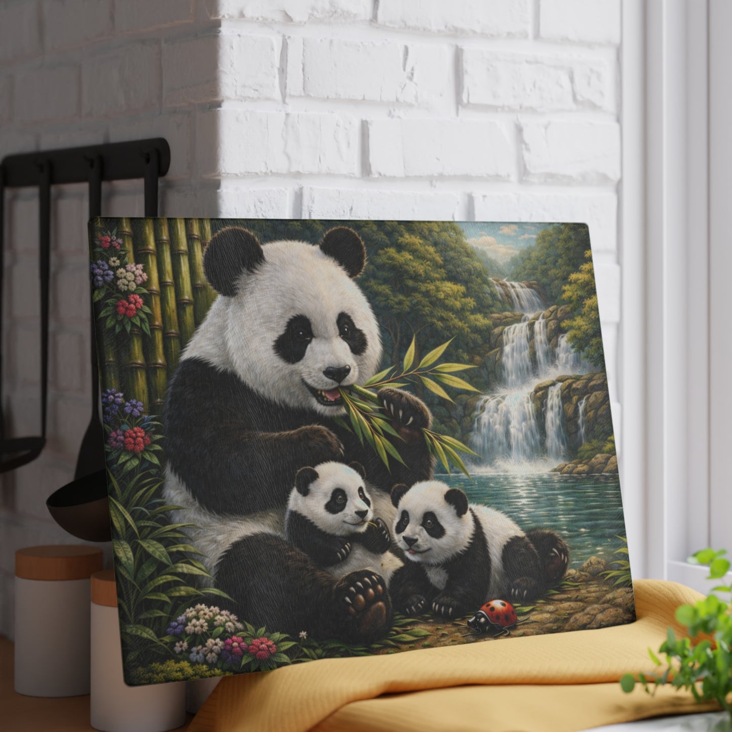 Panda Family by Waterfall Glass Cutting Board – Peaceful Bamboo Forest Wildlife Artwork