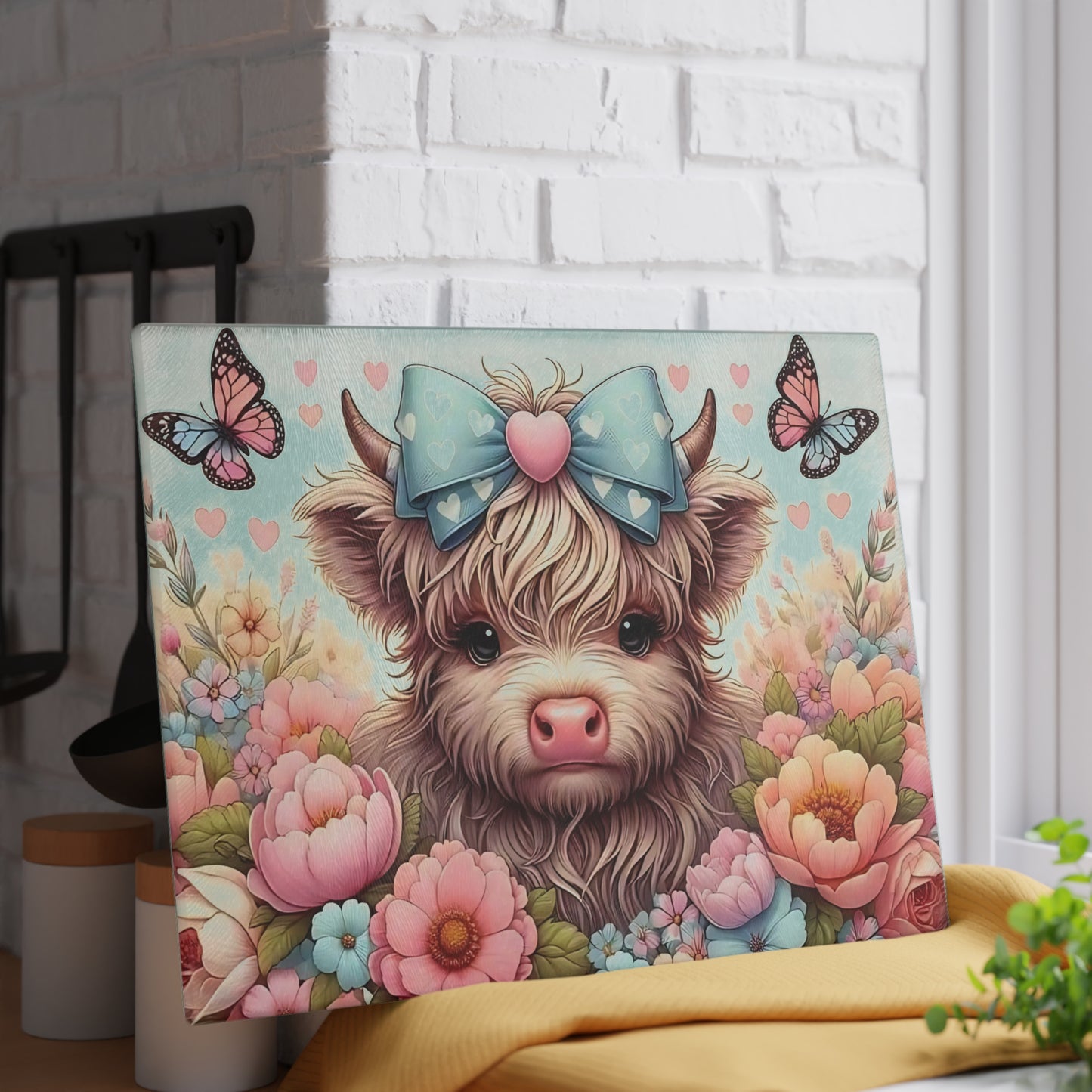 Highland Cow Glass Cutting Board with Bow, Flowers & Butterflies