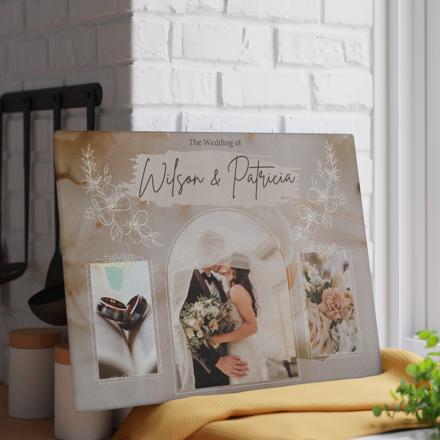 Wedding Photo Collage Glass Cutting Board – Personalized Couple Memory Keepsake