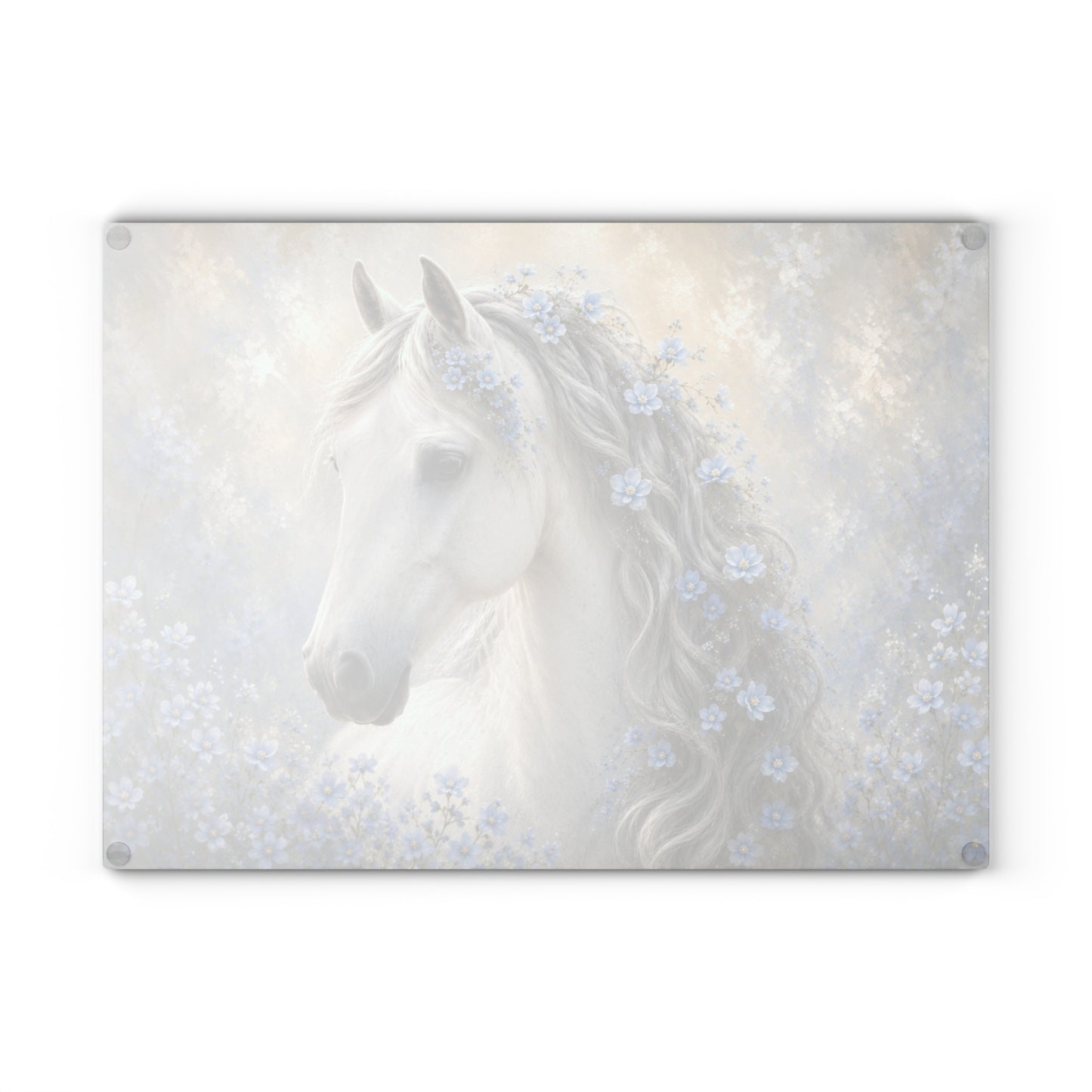 White Horse with Blue Flowers Glass Cutting Board – Elegant Floral Horse Kitchen Decor
