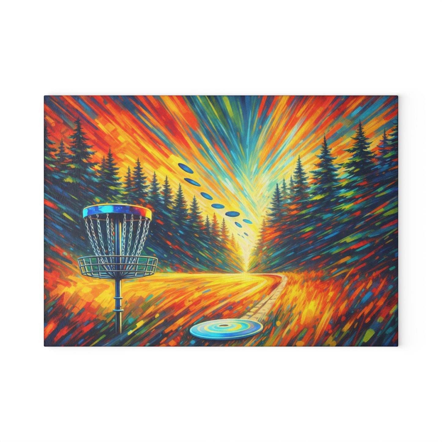 Disc Golf Basket Sunset Glass Cutting Board – Colorful Outdoor Sports Artwork