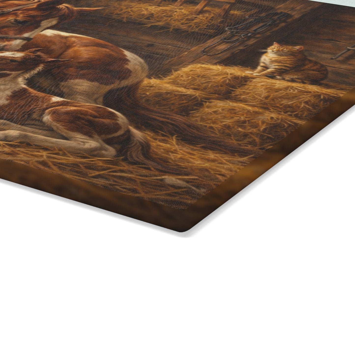 Mother Horse and Foal Barn Scene Glass Cutting Board – Rustic Farmhouse Kitchen Decor with Country Stable Artwork