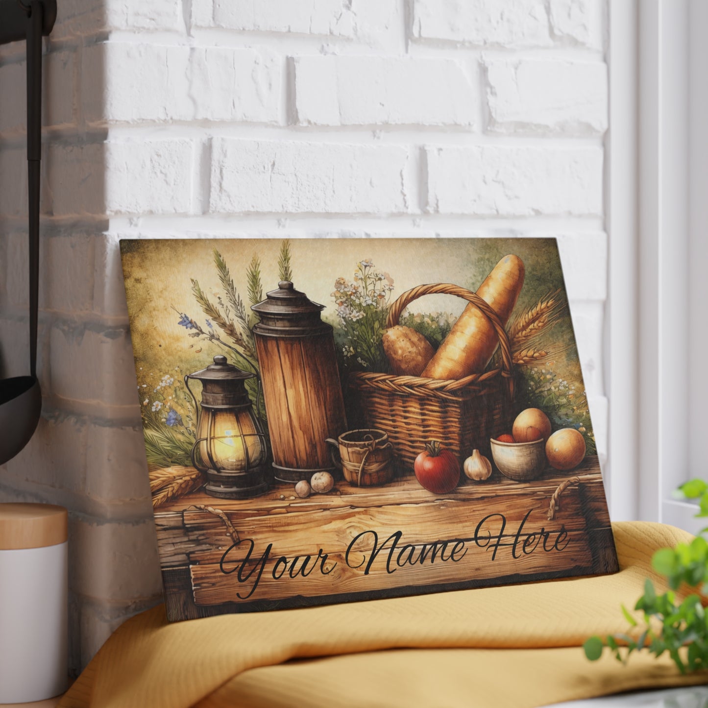 Rustic Farmhouse Breadbasket Personalized Glass Cutting Board – Custom Kitchen Name Display