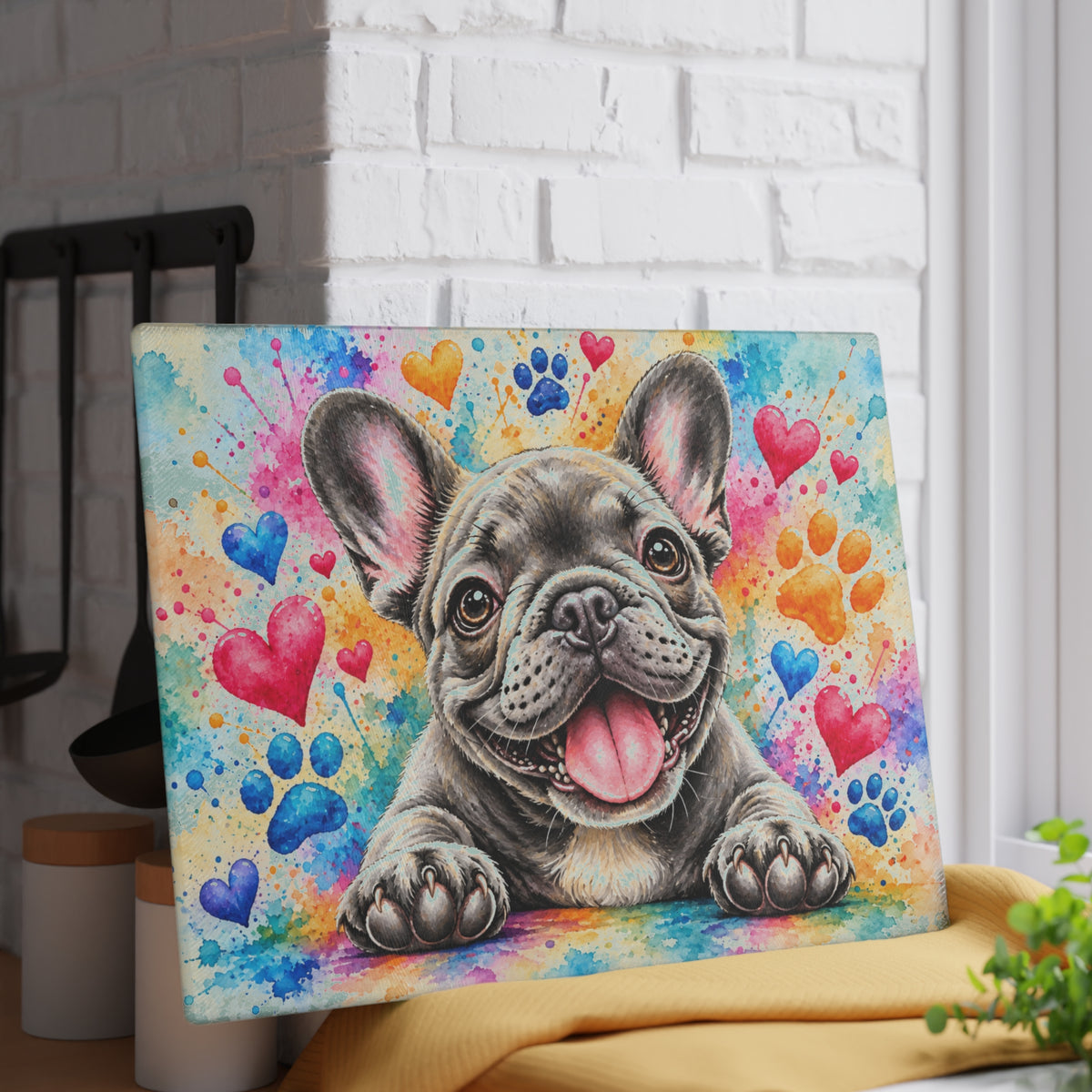 Adorable French Bulldog Tempered Glass Cutting Board – Colorful Watercolor Puppy with Hearts and Paw Prints – 11 × 15 Inches
