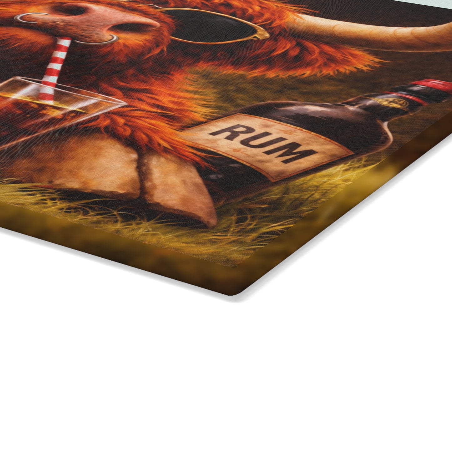 Sunglasses Highland Cow Glass Cutting Board – Bold Farm Bar Art with Playful Attitude